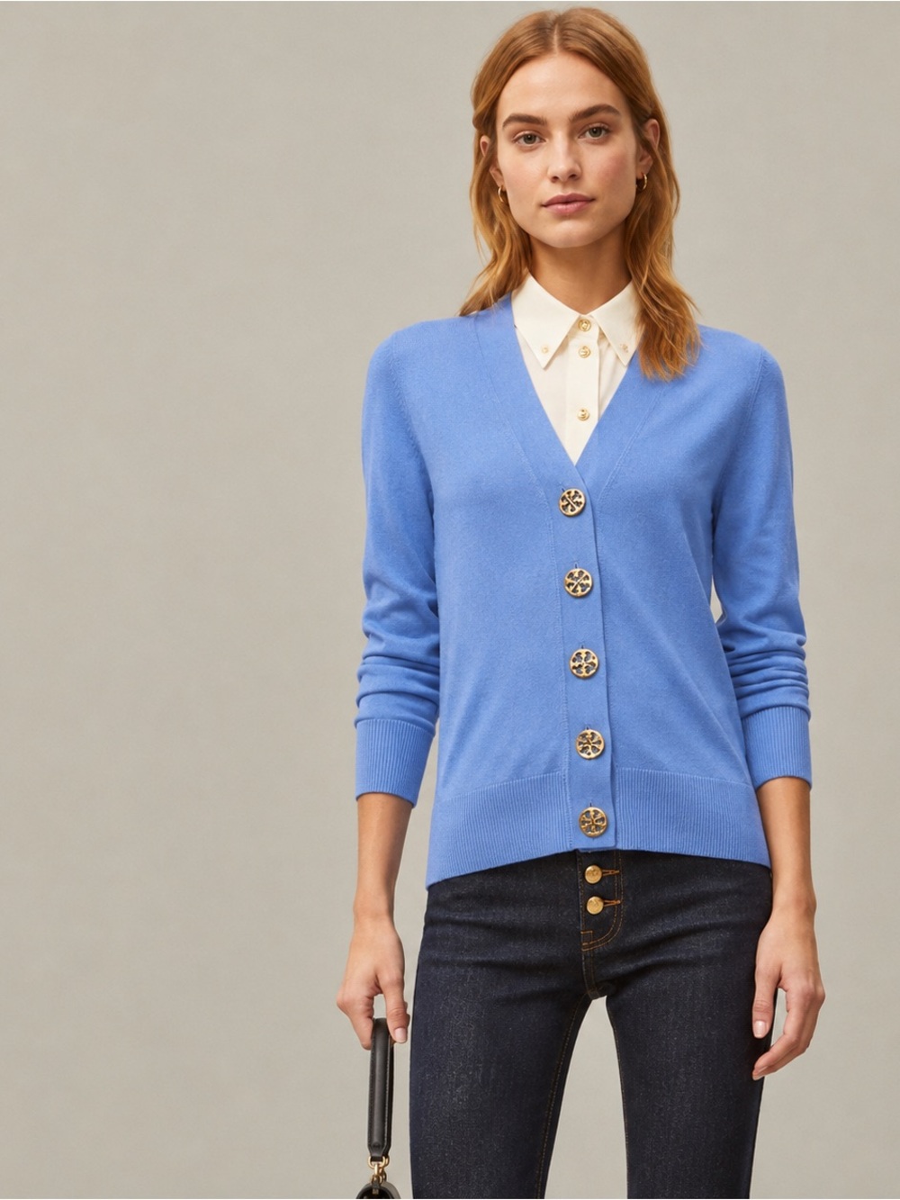 TORY BURCH Simone Cardigan Blue Gold Oversized Logo Buttons Cotton Size XS